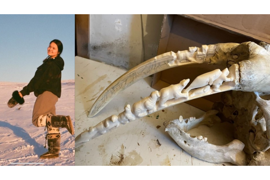 Left: SLC student Laura Nowdluk; Right: Walrus skull carving done by Laura's father.